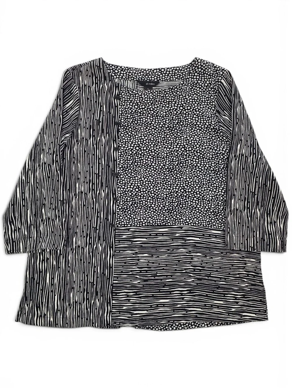 Ali Miles Mixed Print Button Accent Tunic Top XL Black White Artsy Lagenlook